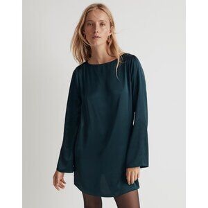 MADEWELL Satin Shift Bell Sleeve Mini Dress Smoky Spruce Green NWT